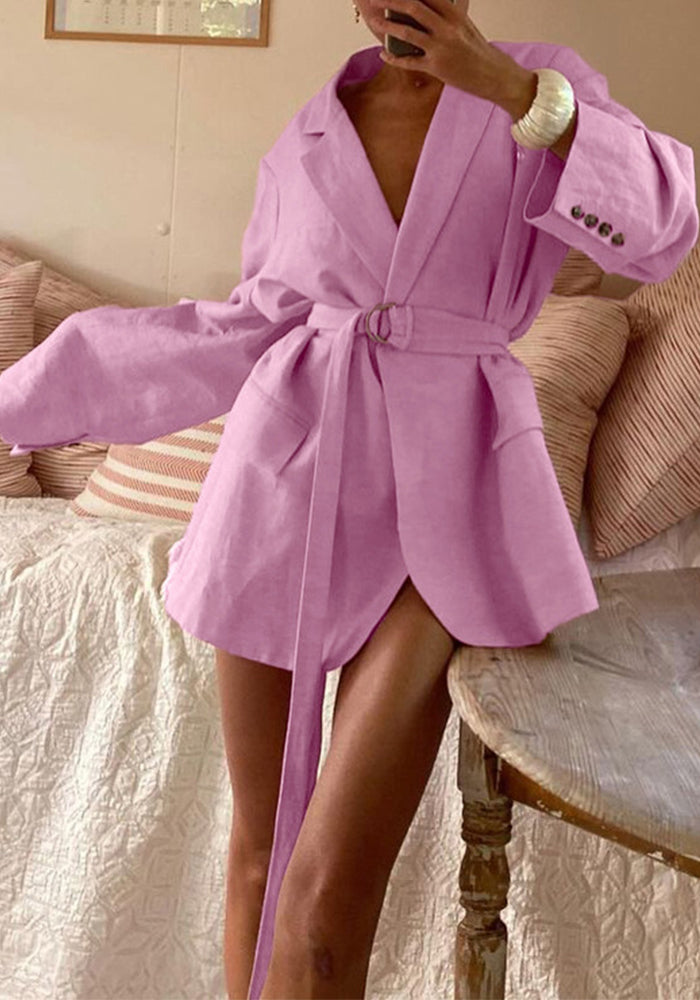 Linen Turn-Down Collar Long-Sleeve Tie-Front Shirt Dress