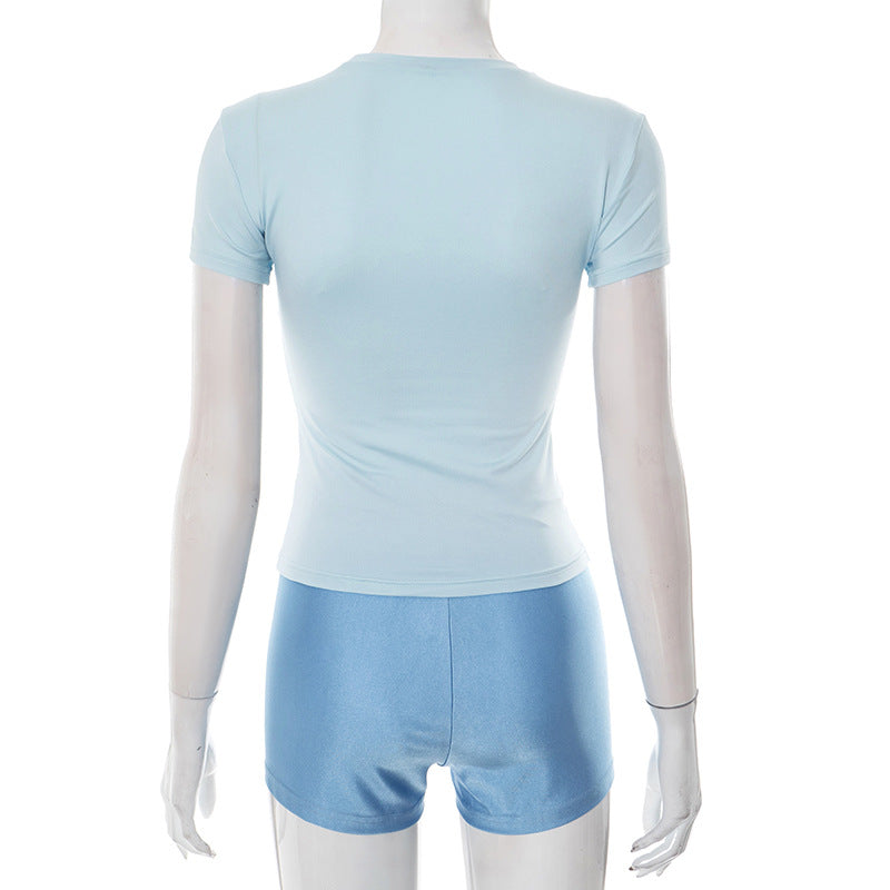 Women summer sexy Solid Round Neck short-sleeved T-shirt Top and shorts two-piece set 10