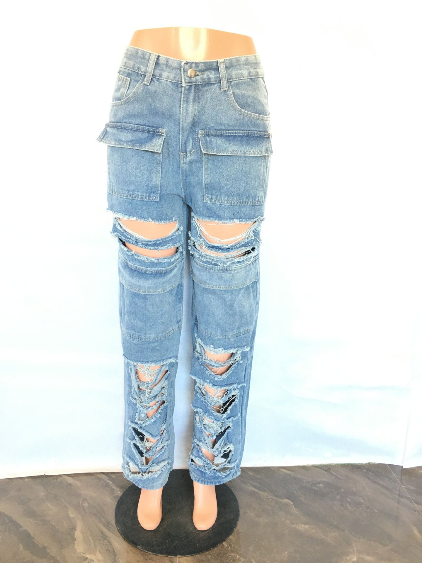 Women's Summer Loose High Waist Wide Leg Ripped Denim Pants Casual Jeans 8