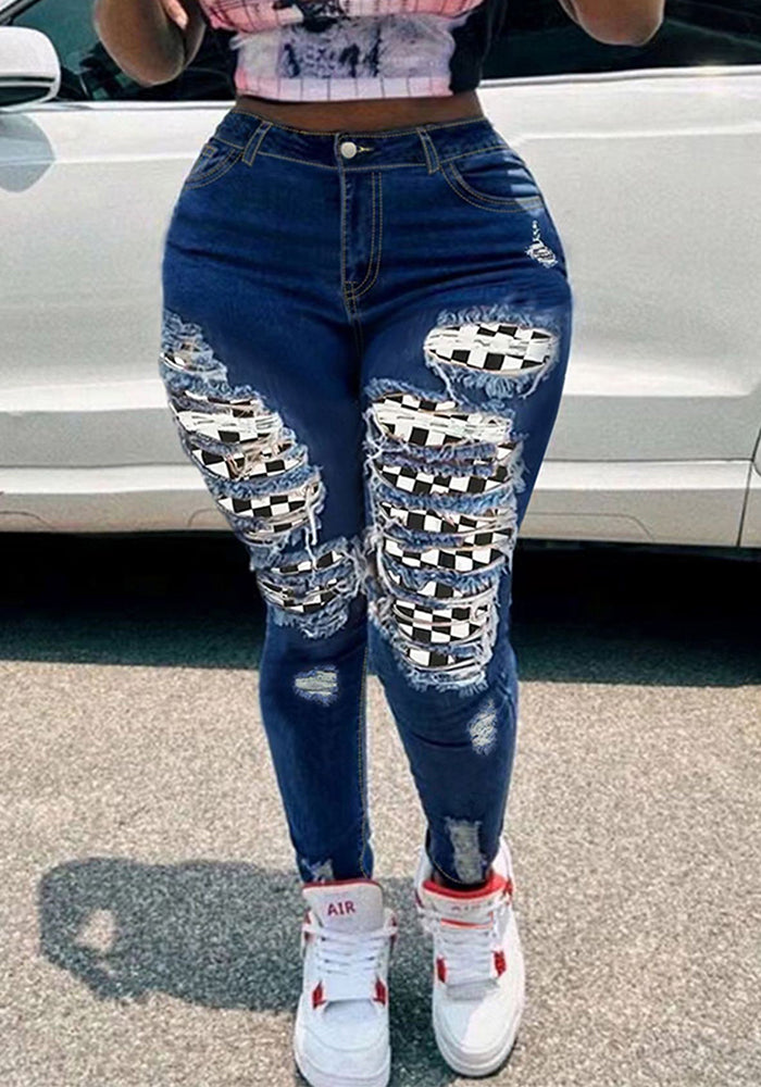 Women's Sexy Patch Detail Button Tight-Fitting Casual Stretch Ripped Denim Pants