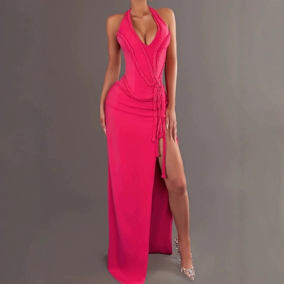 Women Sexy Line Hollow Gathered Lace Slit Dress 6