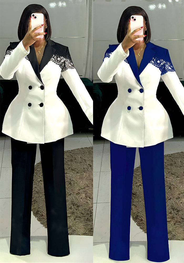 Women casual elegant lace Patchwork blazer and pant two-piece set