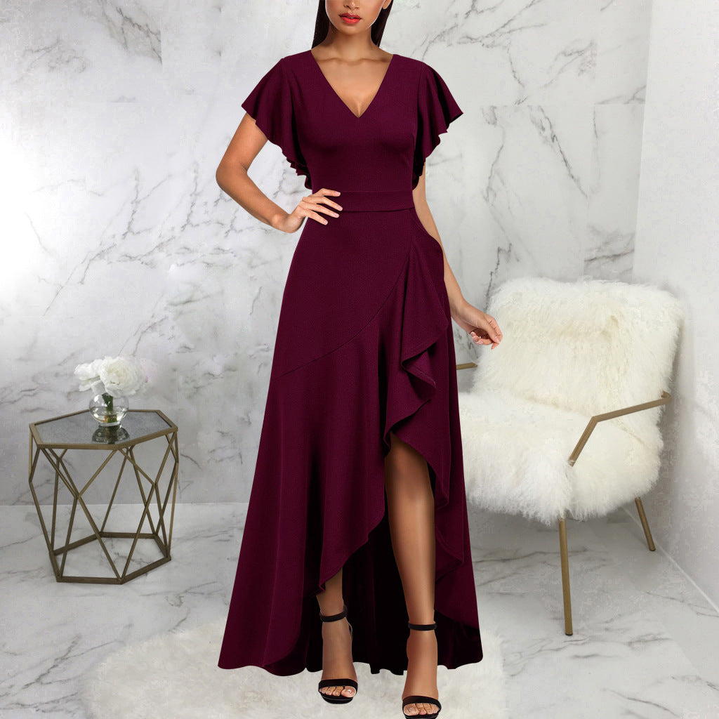 Women Sexy V Neck Irregular Ruffle Leaf Dress 10