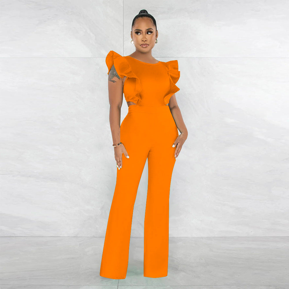 Women Summer Ruffle Round Neck Solid Jumpsuit 8