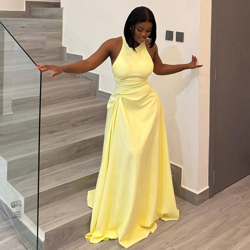 Women Solid Pleated Round Neck Sleeveless Bodycon Dress 5