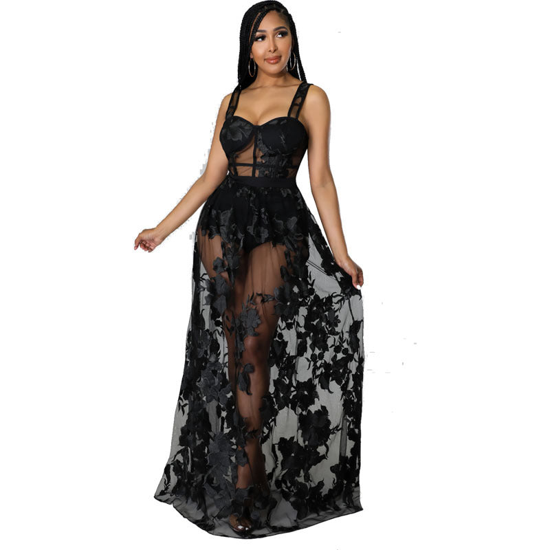 Women Solid Embroidered See-Through Non-Stretch Strap Dress 3