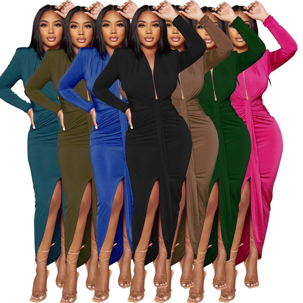 Women Sexy Deep V Neck Belt Slit Dress 13