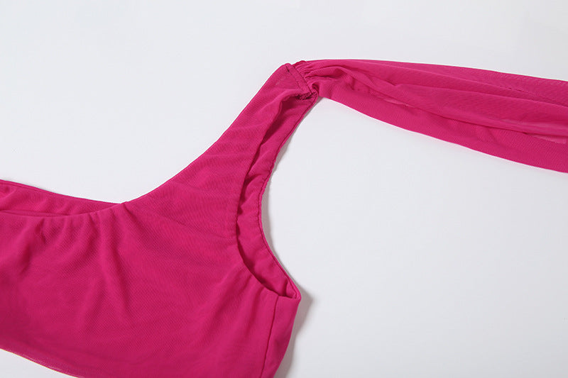 Women Fall Mesh Sexy One-Sided Long-Sleeve Crop Top with Pleated Slit Skirt Two-Piece Set 15