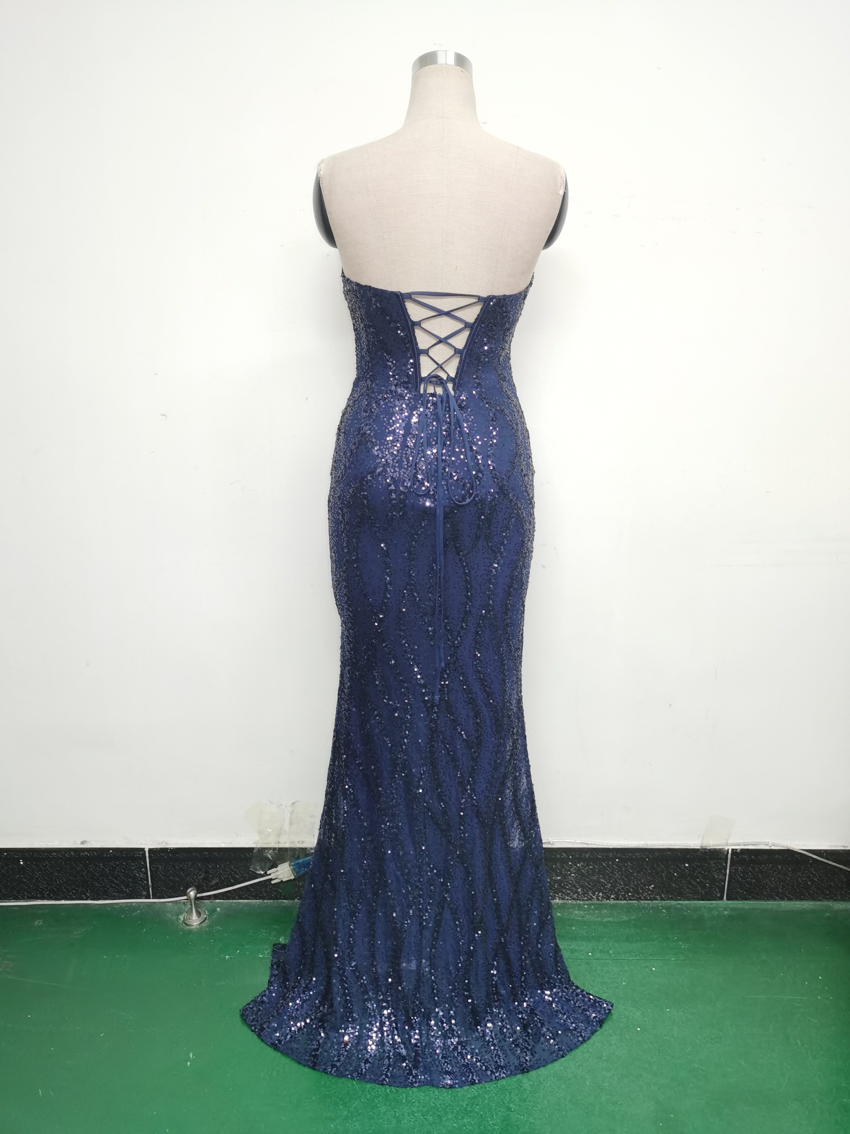 Fishbone Slim Waist Heart Neck Sequin Evening Dress Luxury Formal Party Gown 44