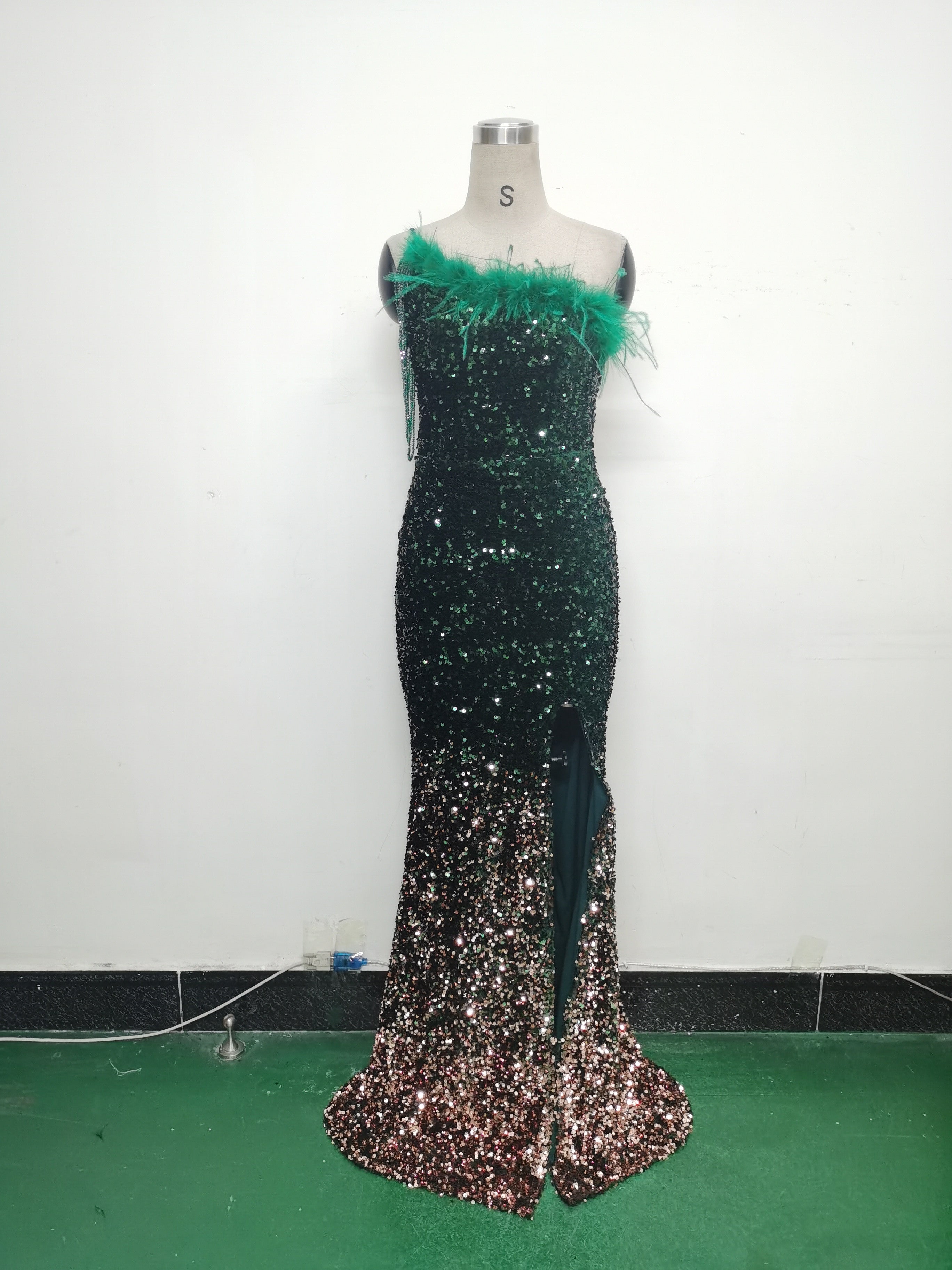 Women Ostrich Feather Beaded Sequin One Shoulder Slash Shoulder Slit Evening Dress 23