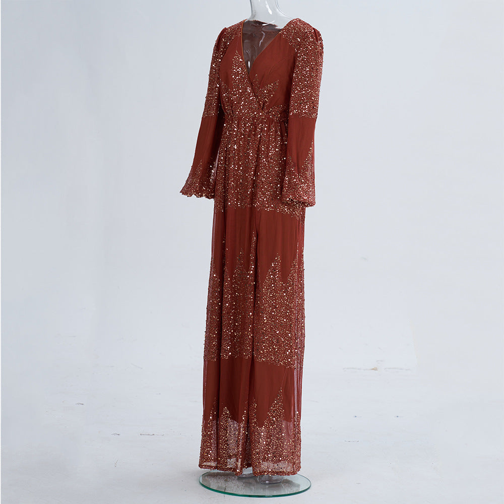 Long Sleeve V Neck Sexy Sequin Formal Party Evening Dress Bridesmaid Dress 10