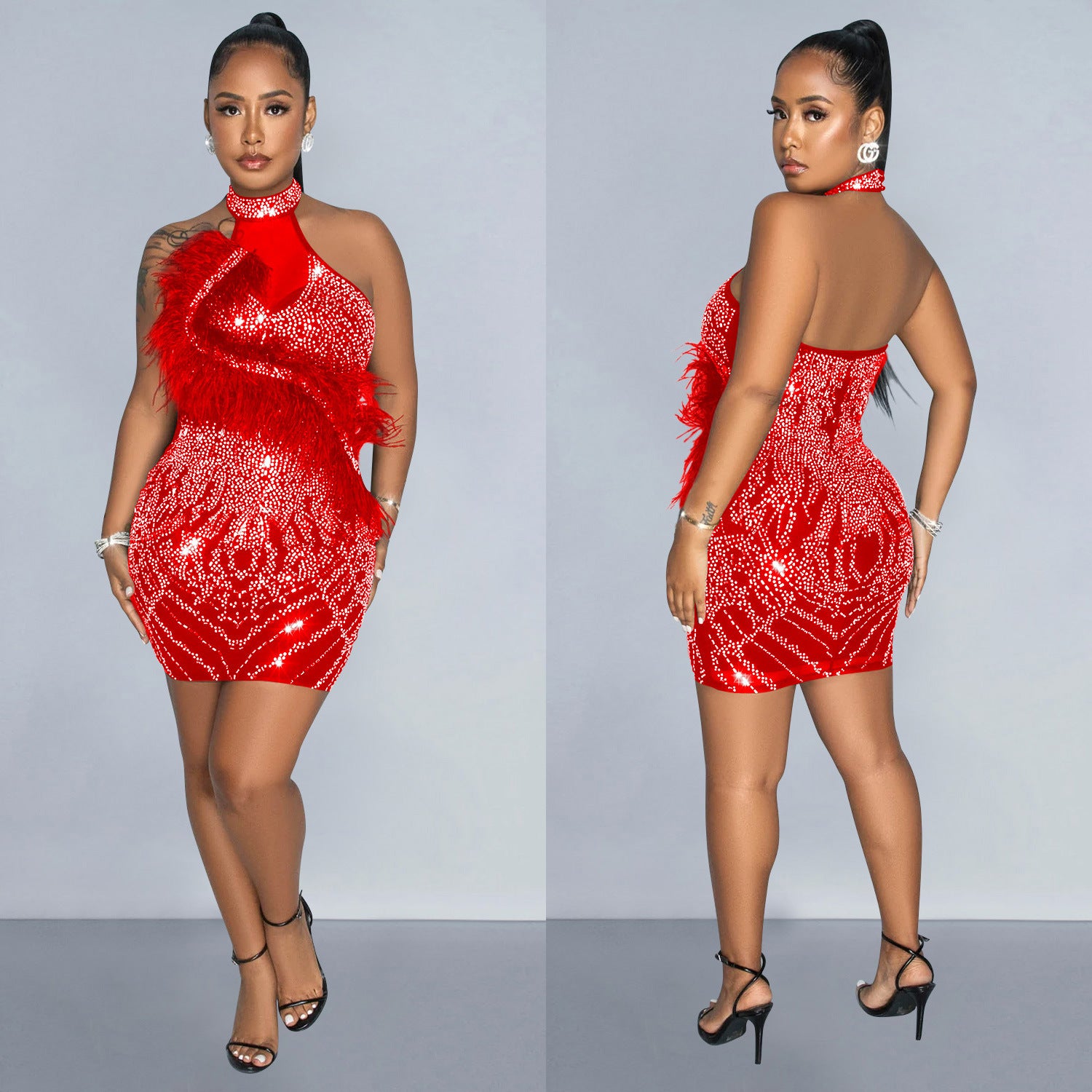 Fashion Women's Solid Color Mesh Beaded Feather Club Dress 6