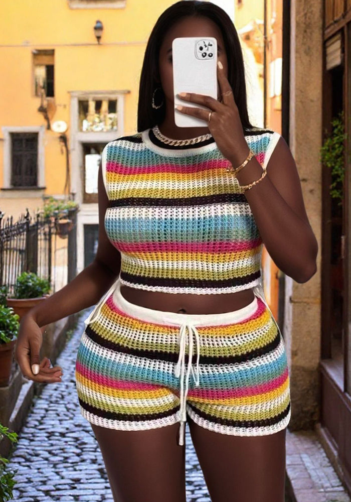 Women Style Contrast Striped Cutout Vest and Bodycon Shorts Knitting Beach Holidays Two-Piece Set