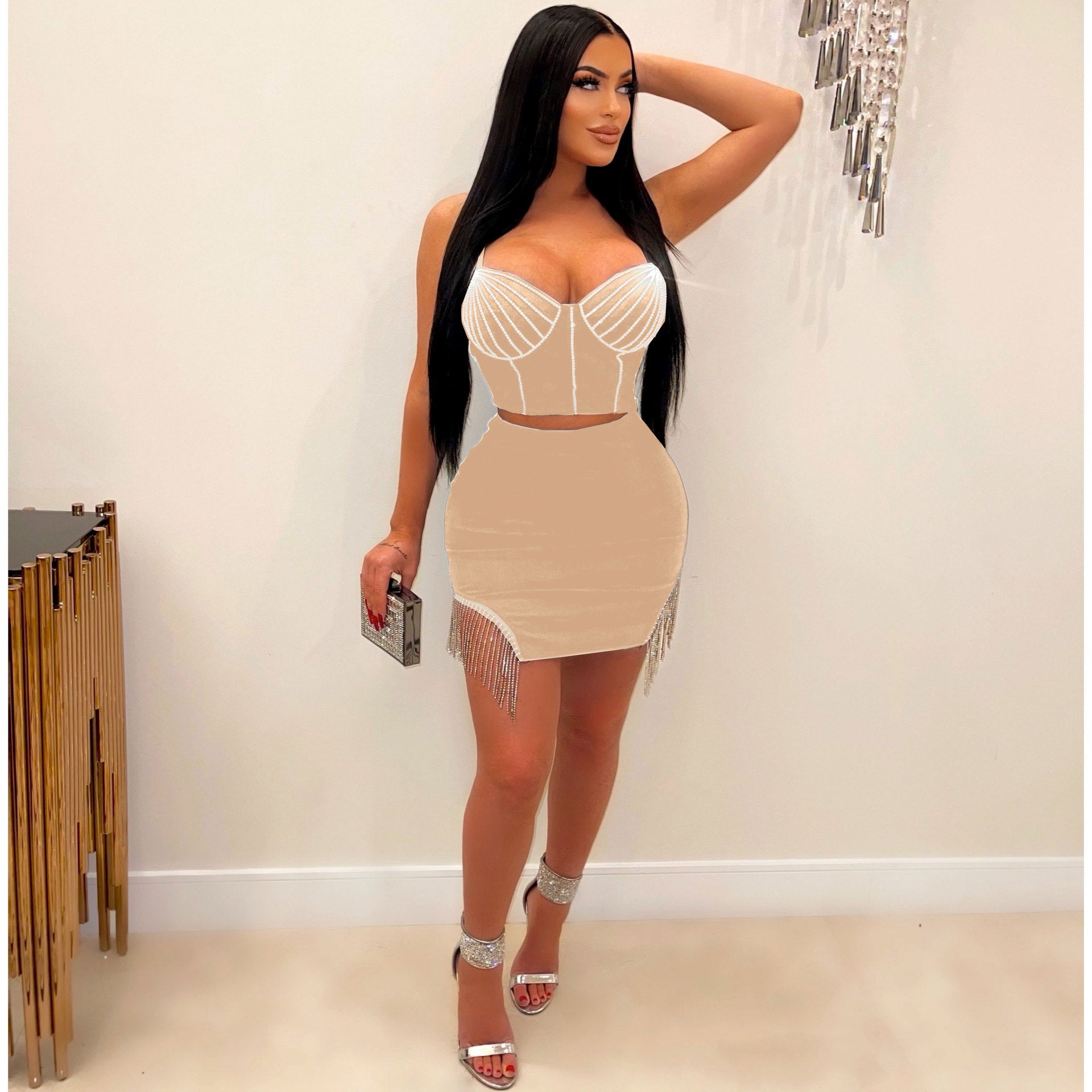 Sexy Beaded Two-Piece Straps Top And Tassels Skirt Clubwear 9