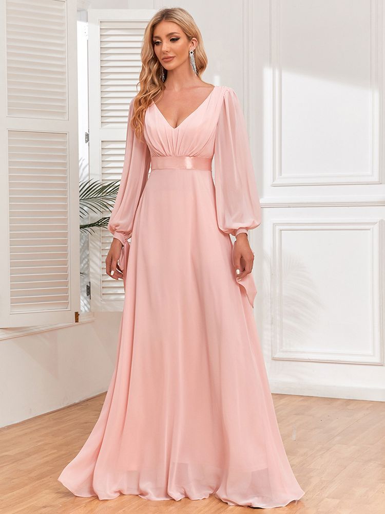 Pink Chiffon Dress Lace-Up Long Sleeves V-Neck Patchwork Elastic Waist Full Swing Evening Dress 4