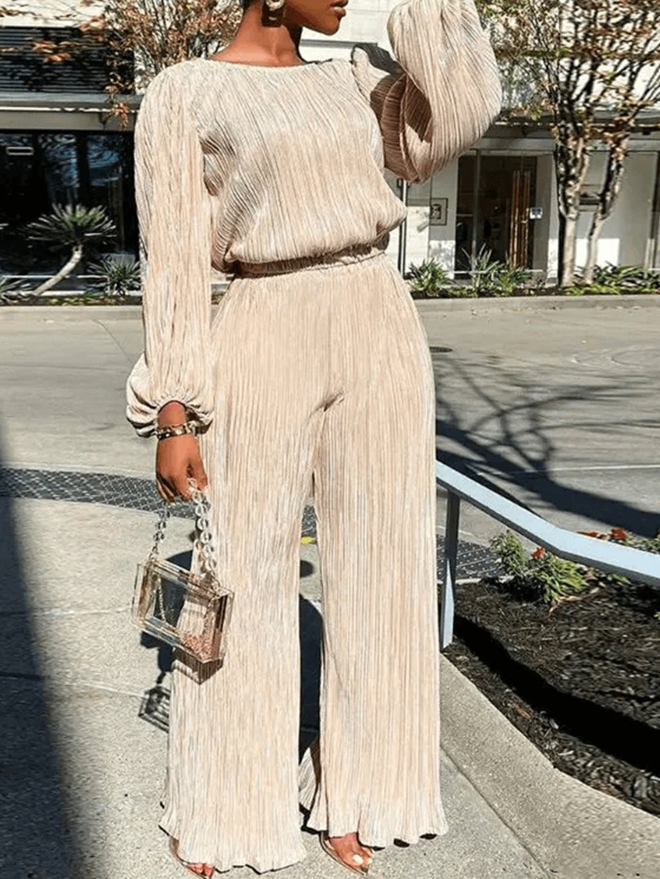 Women loose casual long-sleeved top and pleated pant two-piece set 4