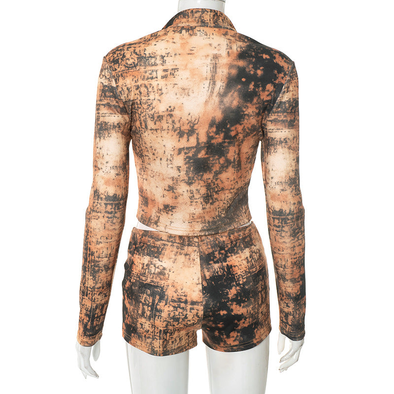 Women's Tie-Dye Print Long Sleeve Zip Top & Tight Fitting Shorts Two-Piece Set 8