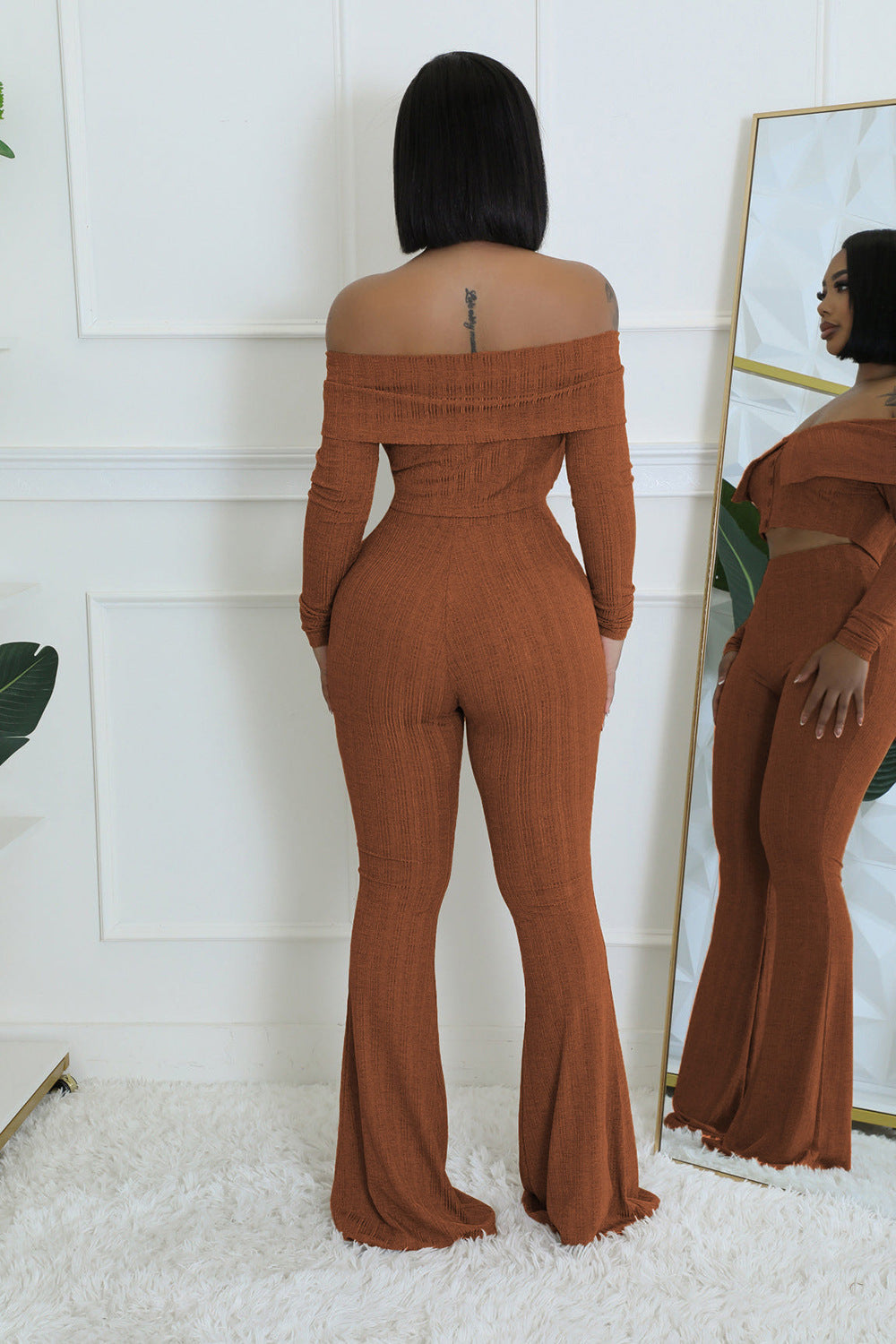 Summer Women's Clothing Solid Color Fashion Off Shoulder Long Sleeve Top Wide Leg Pants Two Piece Set 6