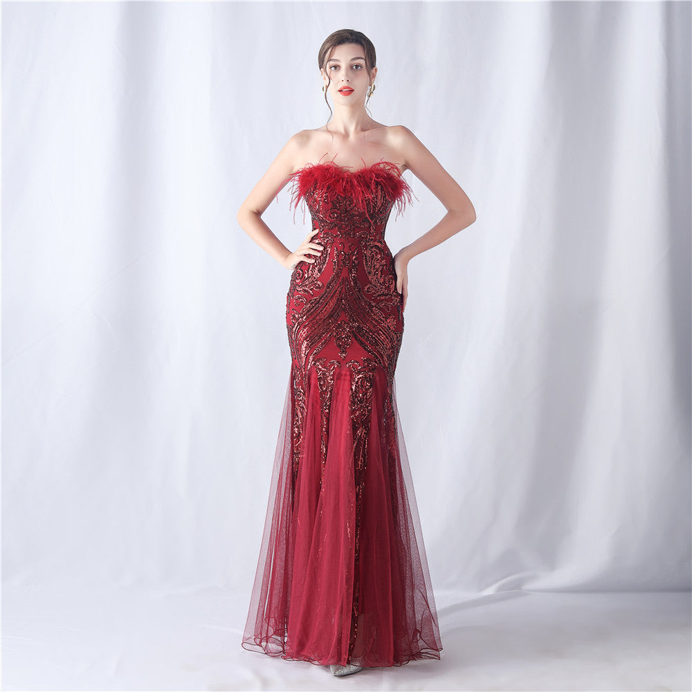 feather sequins mesh patchwork Strapless wedding party dress 19