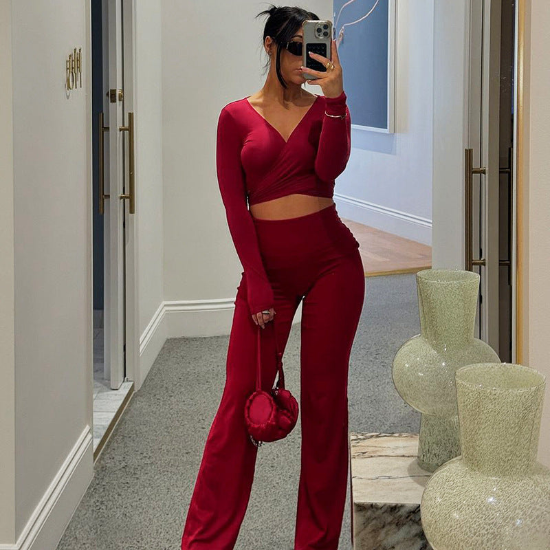 Autumn And Winter Solid Color Casual Long-Sleeved Top Strapless Top Bell Bottom Pants Three-Piece Set 3