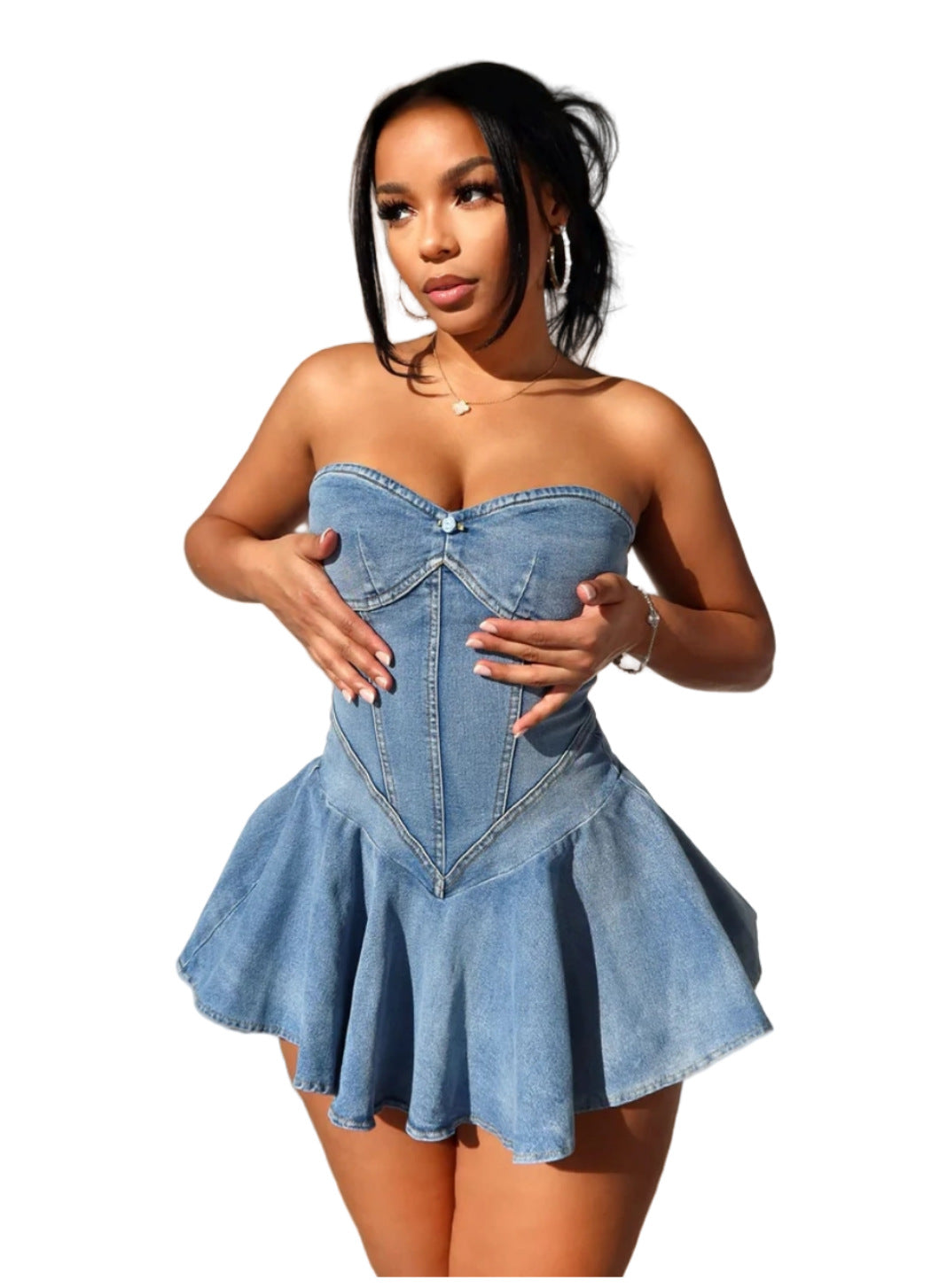 Strapless Slim Ruffle A-Line Denim Dress 4