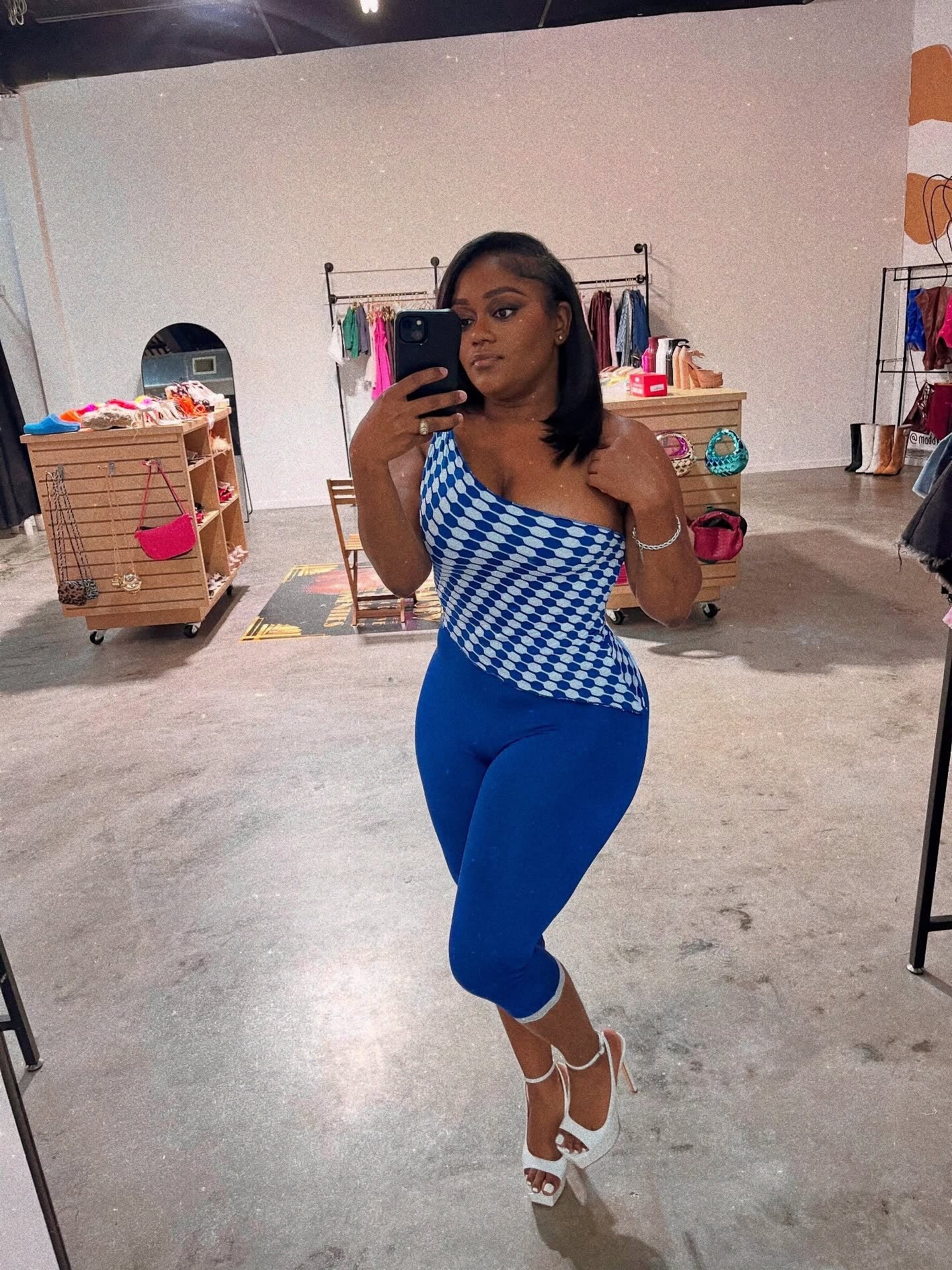 Women's Blue White Checkerboard One-Shoulder Top Tight Fitting Shorts Two-Piece Set 4