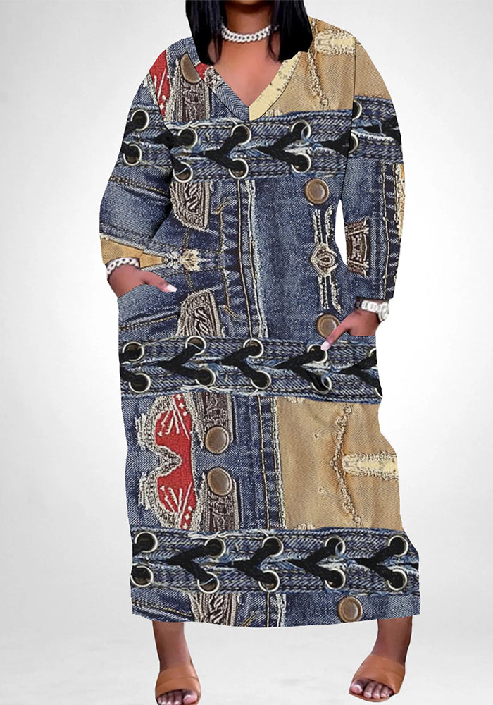 Women's Casual Printed Long Sleeves Plus Size Dress