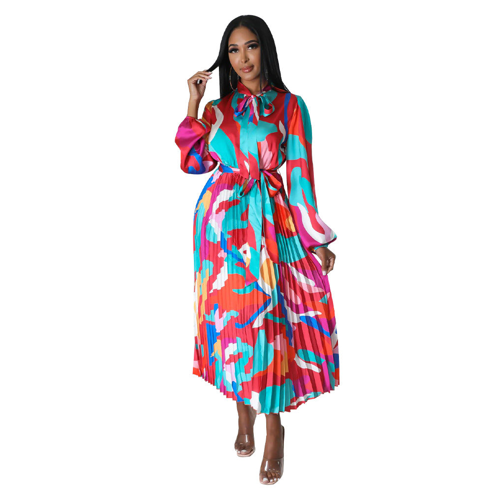 Women's Tie Long Sleeve Printed Pleated Dress 44