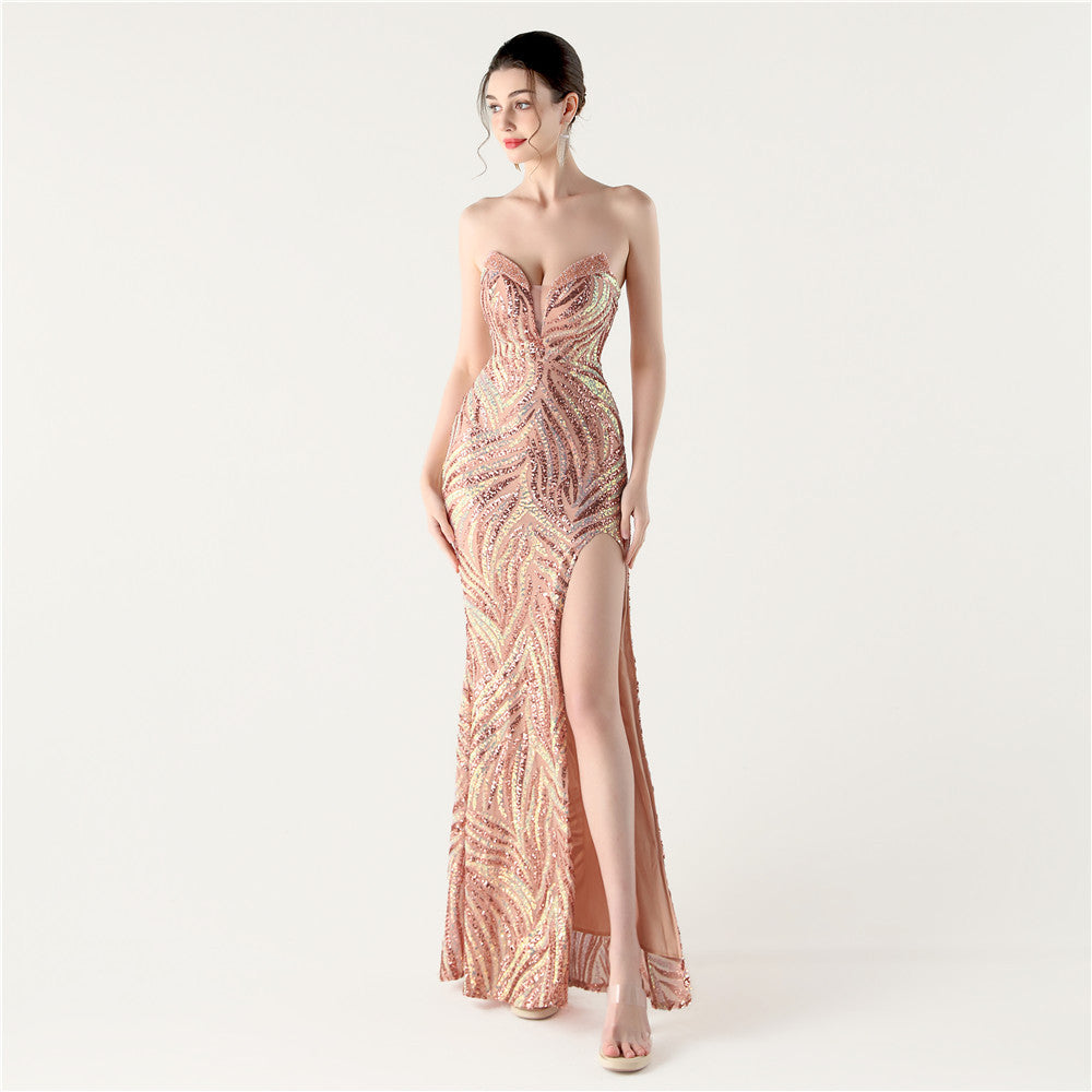 Women Beaded Sequined Wrap Dinner Party Evening Dress 7