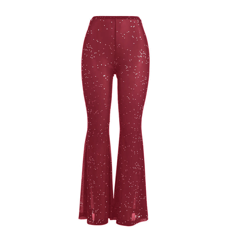 Women's Sexy Beaded See-Through Mesh Wide Leg Pants 9