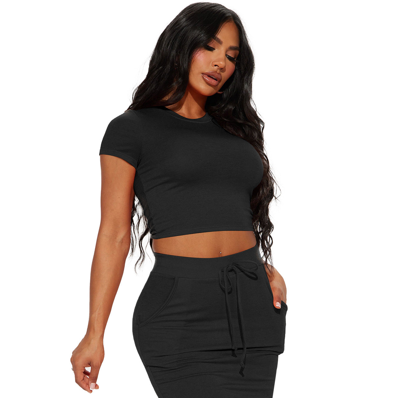 Women Sexy Solid Crop Top and Skirt Two-Piece Set 10