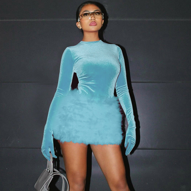 Women's Autumn Fashion Round Neck Long Sleeve Bodysuit Slim Fit Plush Skirt Two Piece Set 9