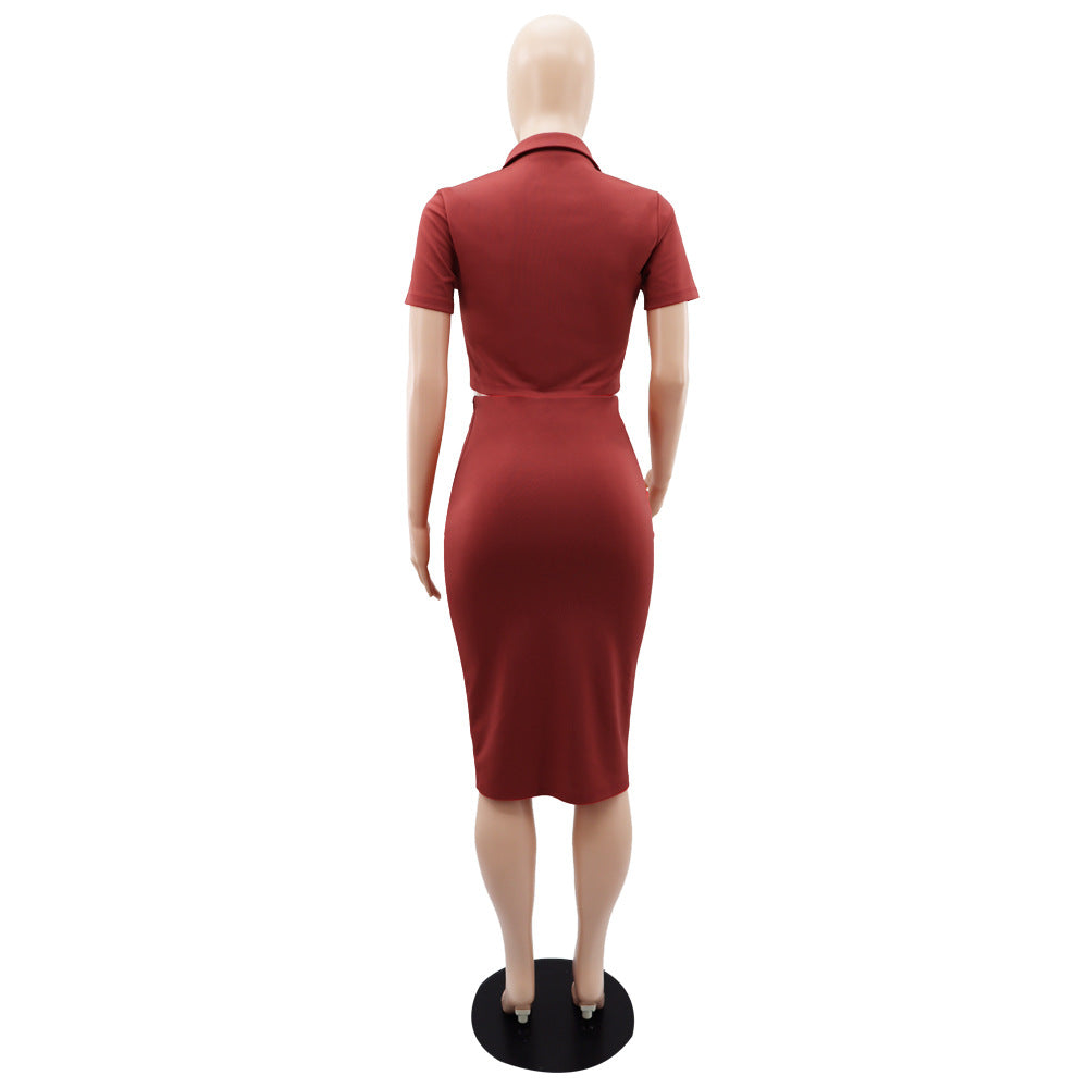 Women Summer Polo Neck Short Sleeve Blazer and Slit Skirt Career Two-Piece Set 21