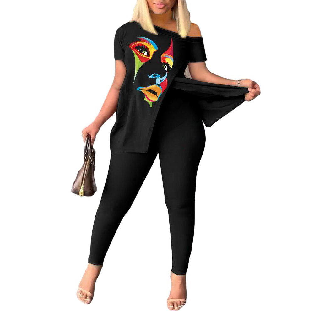 Women's Casual Fashion Graphic Print Slit Short Sleeve Top Pants Two Piece Set 9