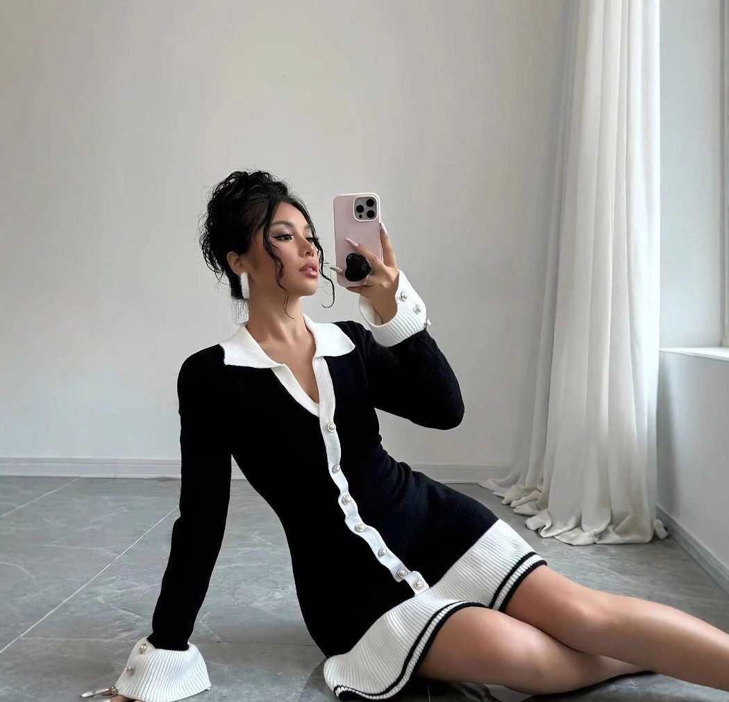 Ruffle Slim V-Neck Knit Long Sleeve Sexy Elegant Dress 9