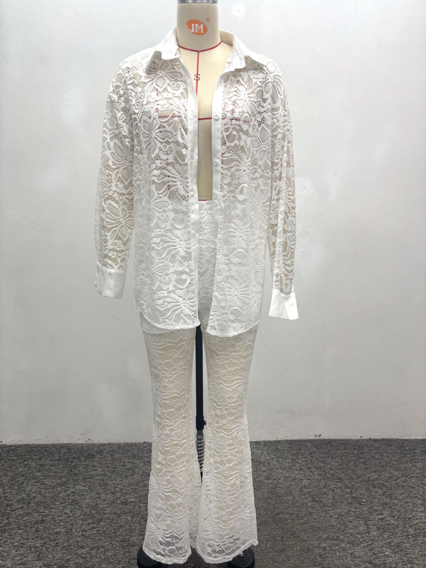 Women Hollow White Cardigan Lace Shirt and Wide-leg Pants Two-piece Set 11