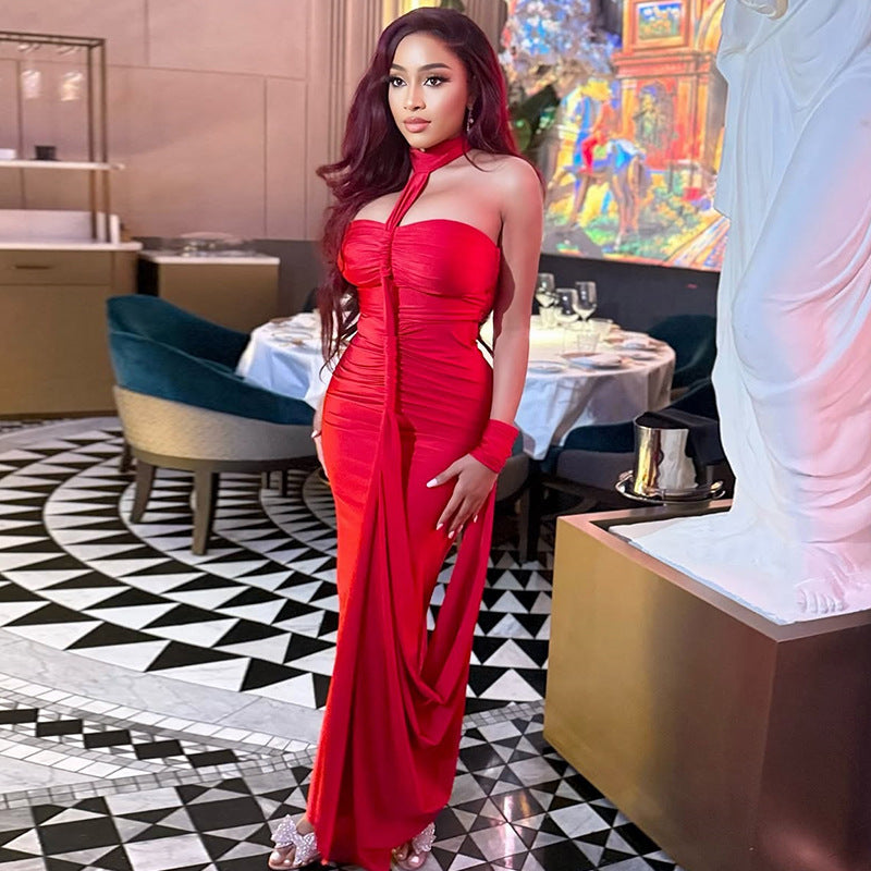 Solid color chic women's clothing low back strapless halter neck long dress formal party gown