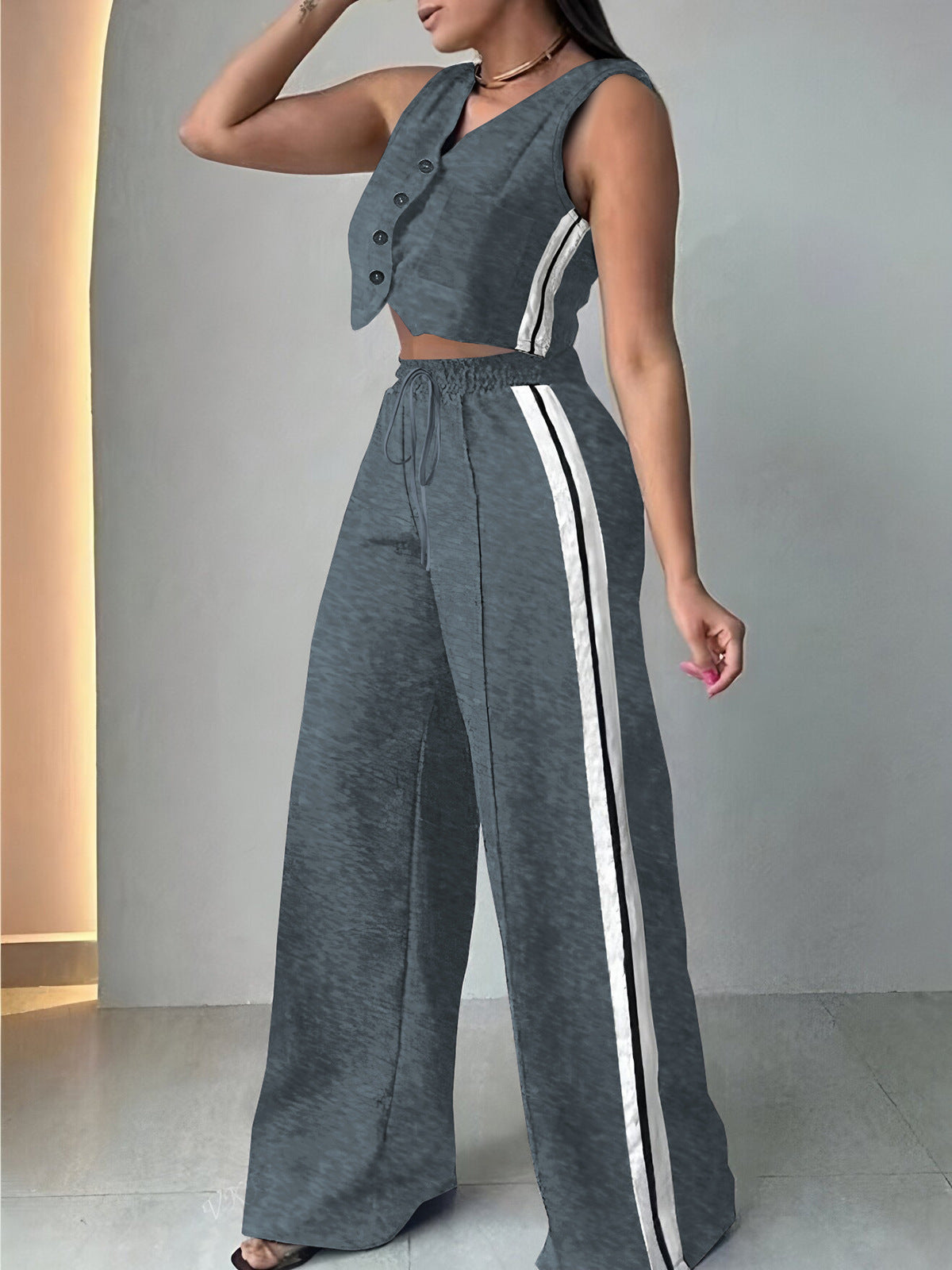 Women solid sleeveless top and pocket pants two-piece set 5