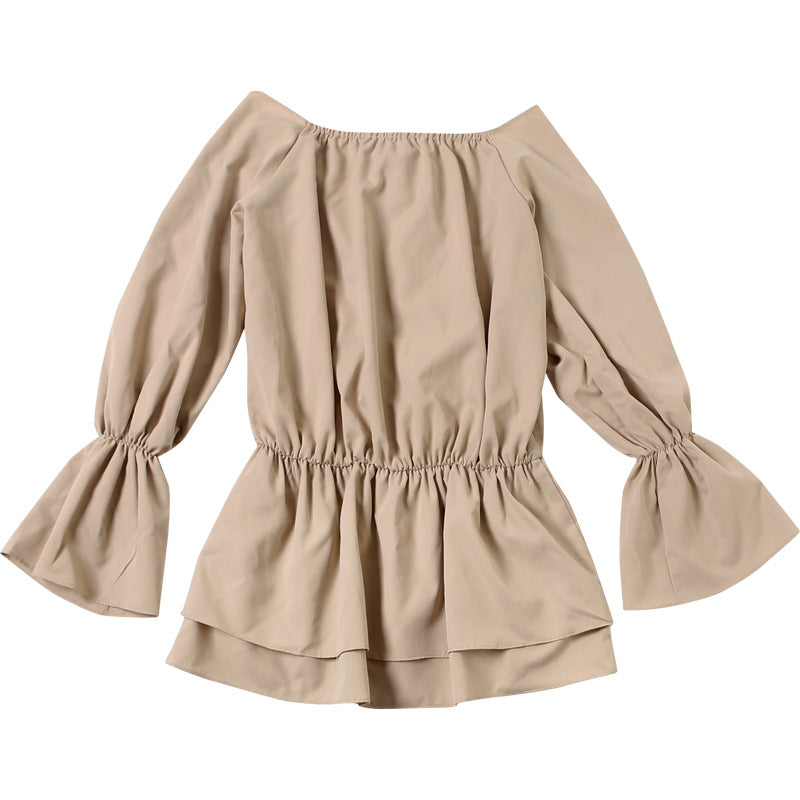 Women's Autumn Sexy Solid Color Off Shoulder Low Back Loose Lace-up Belt Bell Sleeve Dress 14