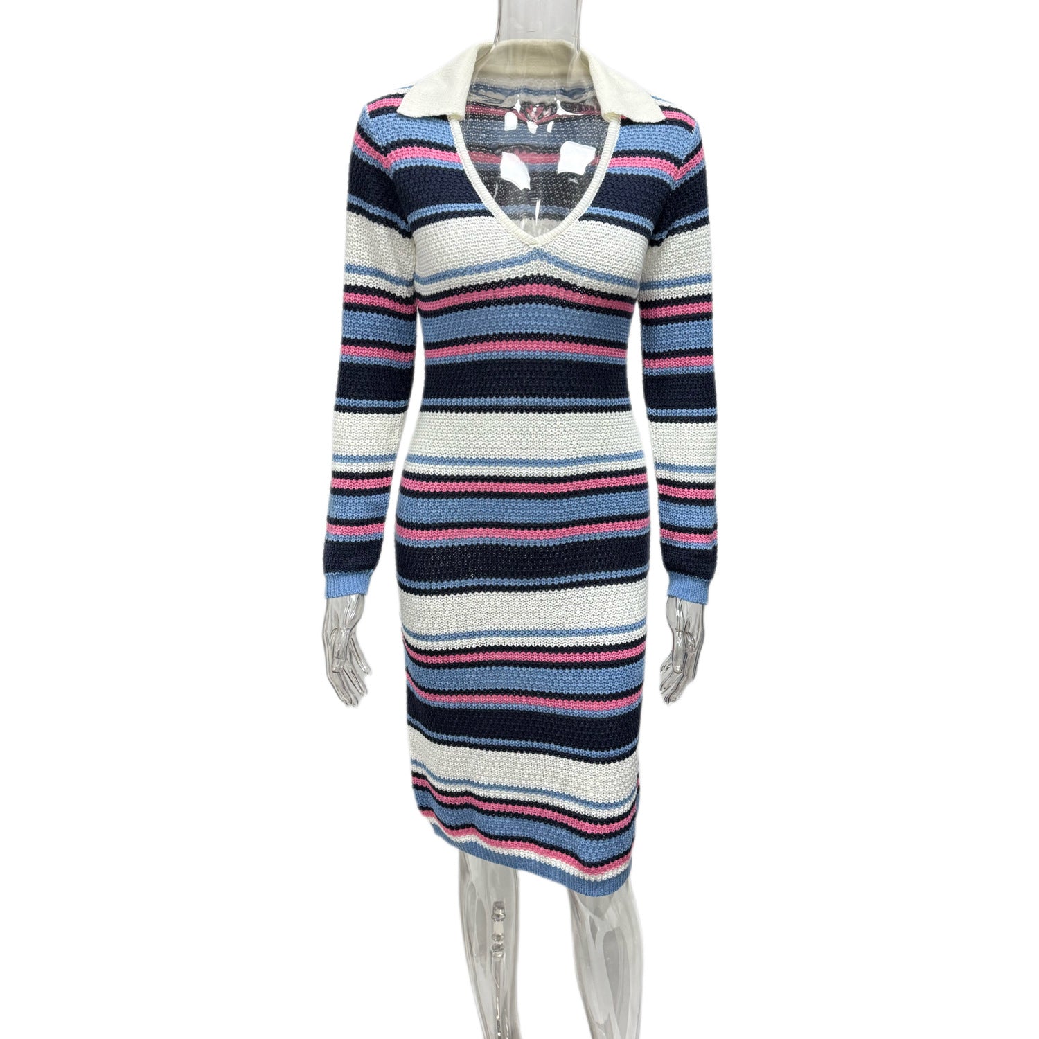 Women's Striped Colorblock Sexy V-Neck Turndown Collar Long Sleeve Bodycon Knitting Dress 9