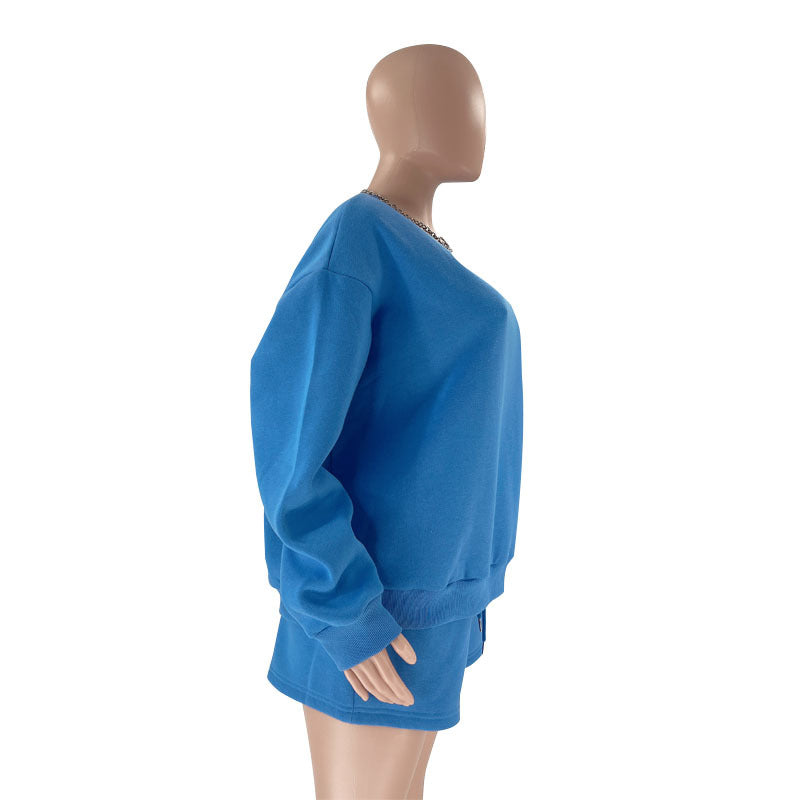 Fall Winter Solid Color Round Neck Pullover Long Sleeve Hoodies Women's Fashion Casual Shorts Two Piece Set 41