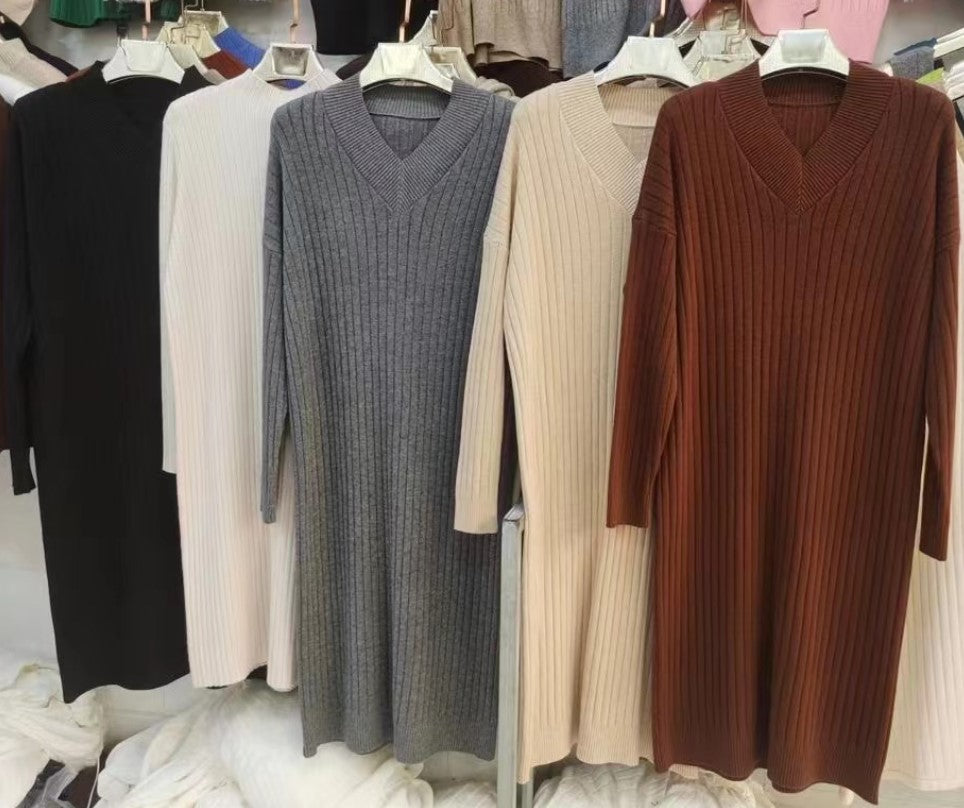 Autumn And Winter Retro Chic Knitting Dress Women's Loose Lazy Style Basic Sweater Long Dress 11