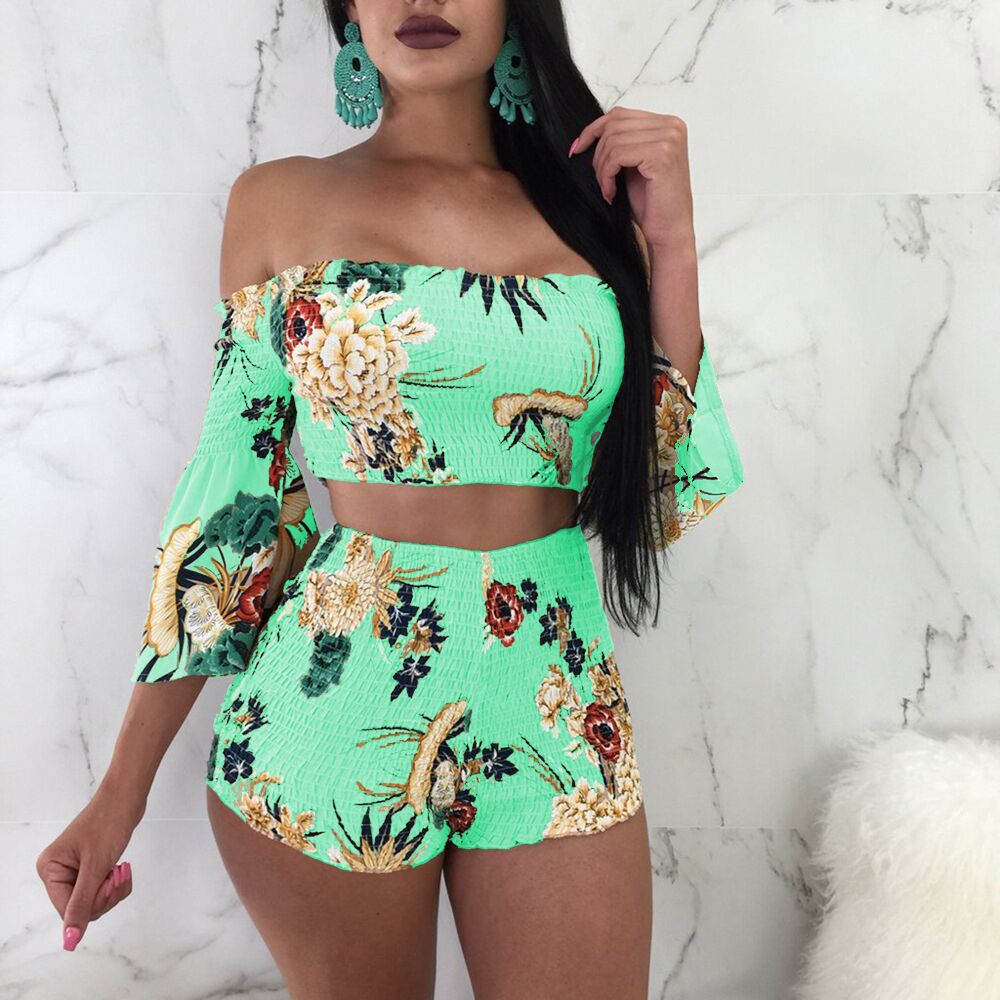 Women's Fashion Print Off Shoulder Bell Bottom Sleeve Two-Piece Set 13