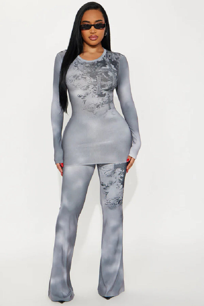 Women's Sexy Tie-Dye Gray Long Sleeve Top Flared Pants Two-Piece Set