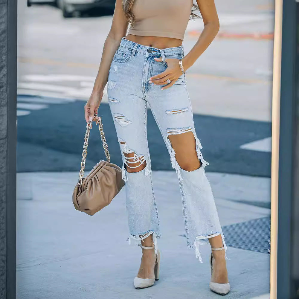 Women Washed Ripped Denim Pants 4