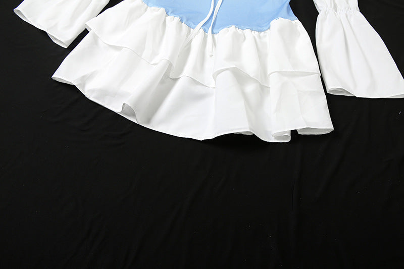 Autumn Women's Sexy Color Block Off Shoulder Puff Sleeve Slim Waist Casual Dress 23