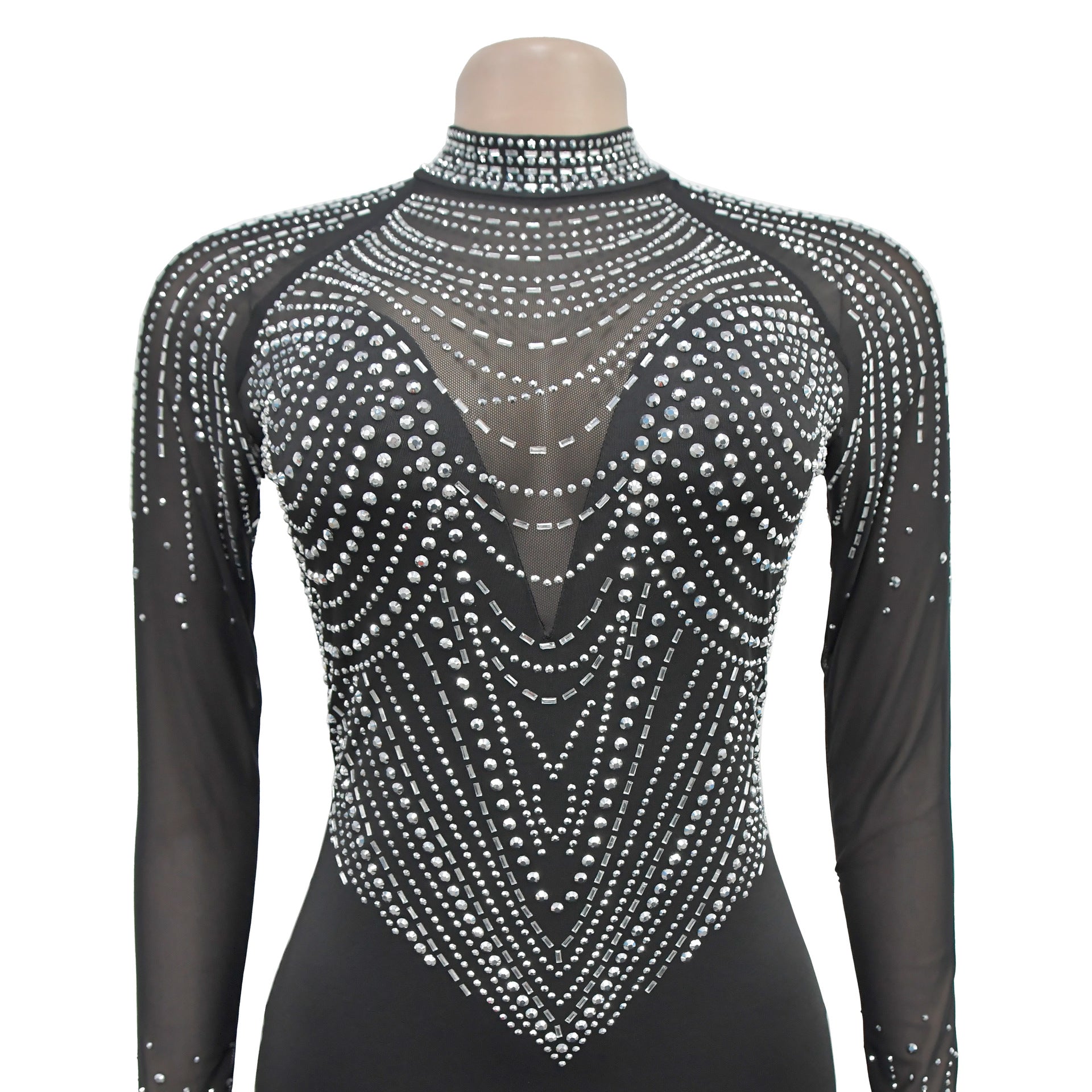 Fashion Women Beaded See Through Mesh Slit Long Dress 11