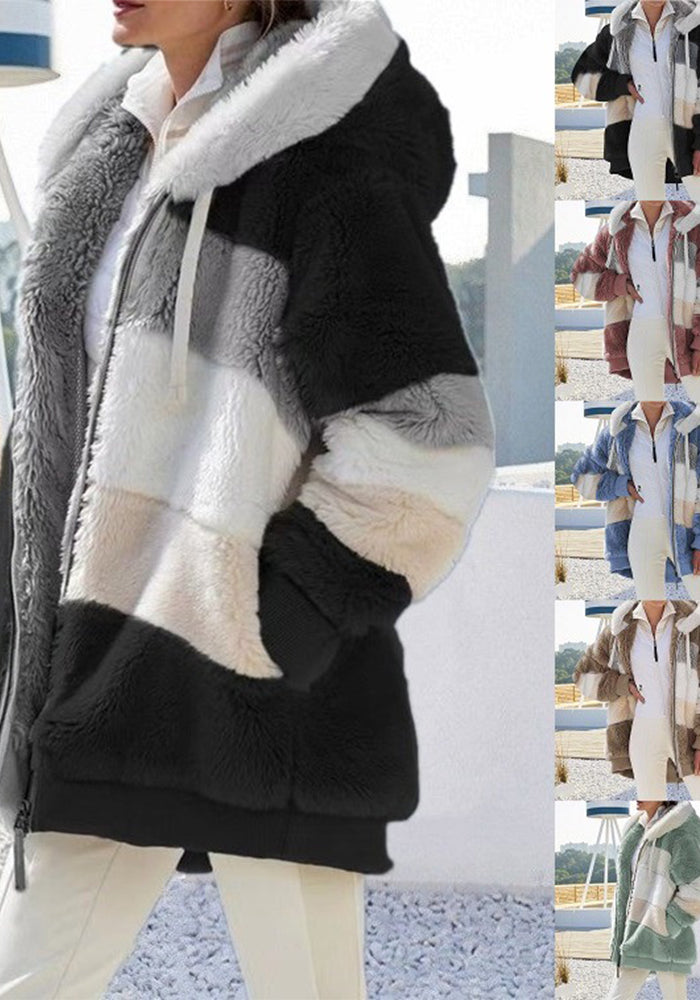 Autumn And Winter Warm Plush Patchwork Zipper Pocket Hooded Loose Coat For Women