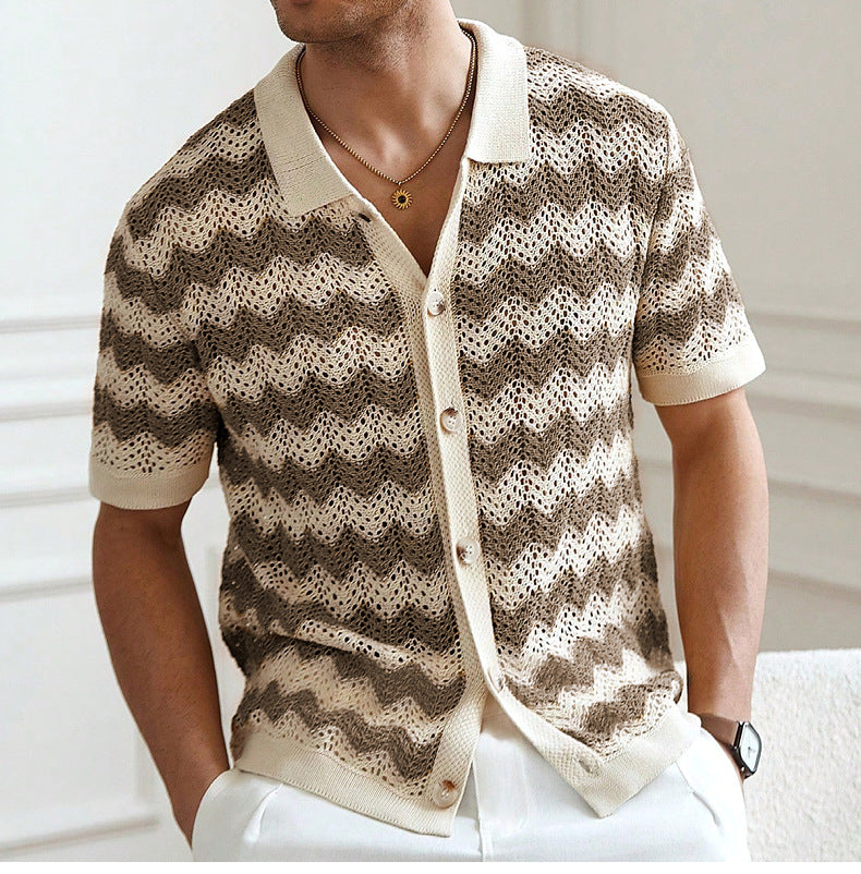 Men's American hollow jacquard ripple summer short-sleeved knitting polo T-shirt 4