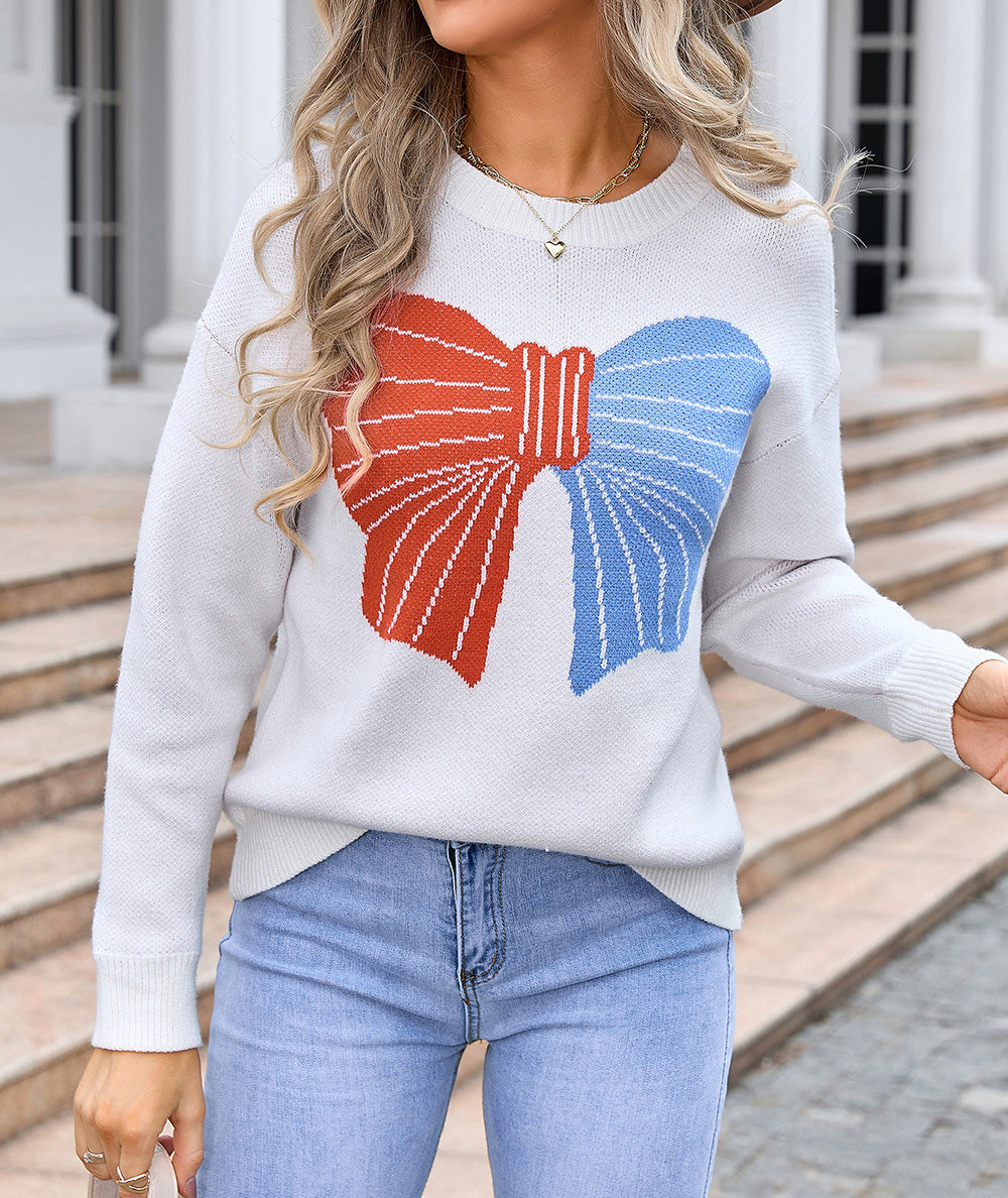 Autumn Winter Sweater Women's Bow Color Matching Knitting Pullover Shirt 7